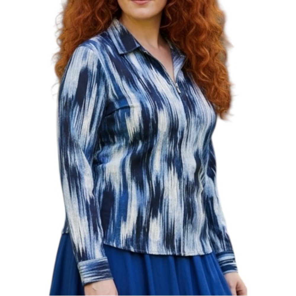 Foxcroft Blue Watercolor Long Sleeve Cotton Blouse Plus Size 18W